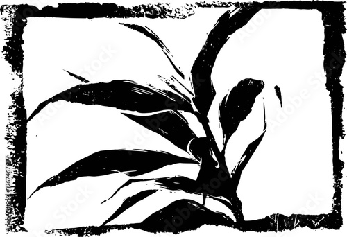 Monochrome leaf silhouette with textured brush stroke border and artistic grunge