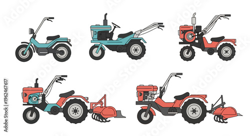 Set of Walking Tractors and Power Tillers for Small Scale Farming and Gardening Illustration