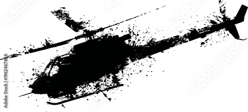 Helicopter silhouette with ink splatter effect, black grunge aviation design element