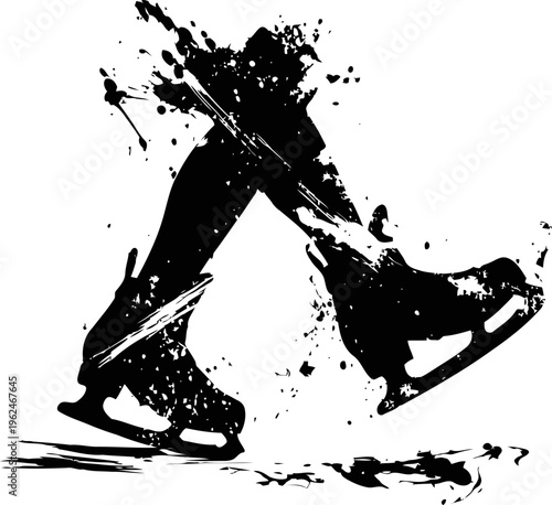 Black silhouette of ice skater legs with skates in motion and textured ink splatter effect