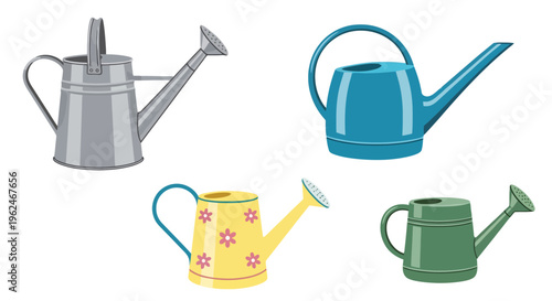 Set of various watering cans for gardening and farming, including metal, plastic, and decorative flower designs