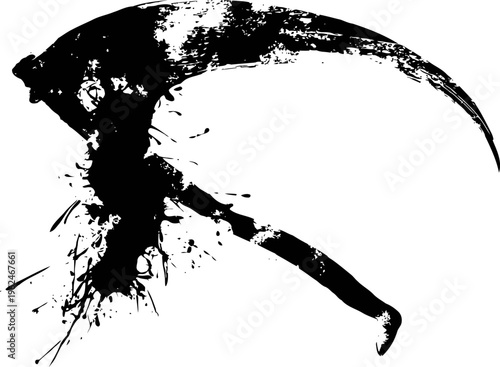 Abstract black ink splatter shaped like a scythe with dynamic brush stroke effect