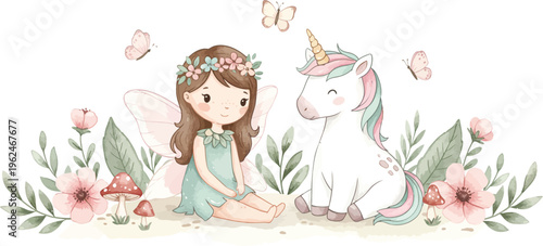 Little girl and white unicorn surrounded by flowers and butterflies in a magical garden scene