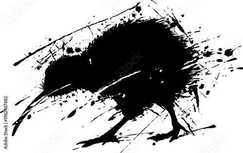 Black ink splatter shaped like a walking bird silhouette with random brush strokes and spots