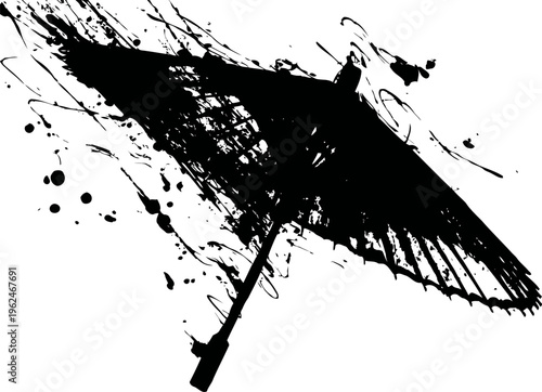 Black ink splash umbrella silhouette abstract artistic paint splatter with parasol shape dynamic brush stroke design