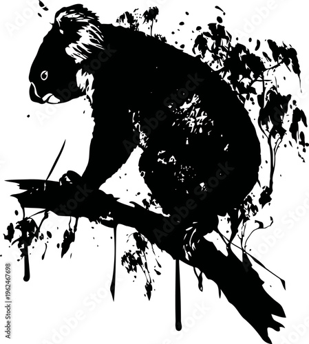 Silhouette of a koala bear sitting on a tree branch with ink splatter artistic effect