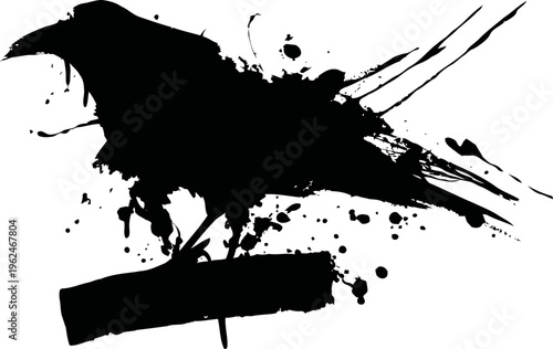 black ink splatter silhouette of a crow perched on a branch in abstract grunge
