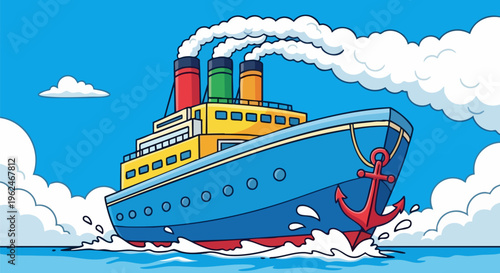 Cartoon cruise ship sailing on blue ocean, vintage steam liner with colorful funnels and white smoke, nautical vessel vector illustration for travel