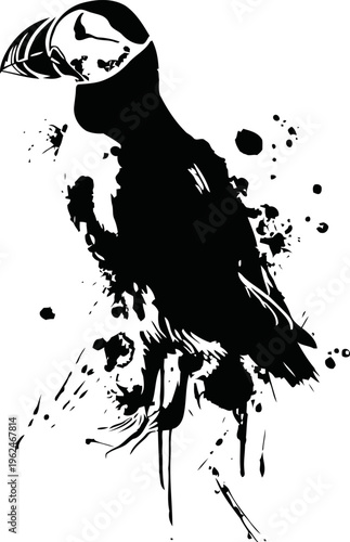 Puffin silhouette bird illustration with ink splatter effect black and white wildlife digital art