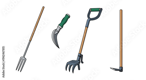 Set of traditional farm and garden hand tools including pitchfork, sickle, hoe and rake isolated on white background