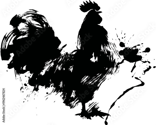 Silhouette of rooster with ink splash effect, abstract farm bird illustration