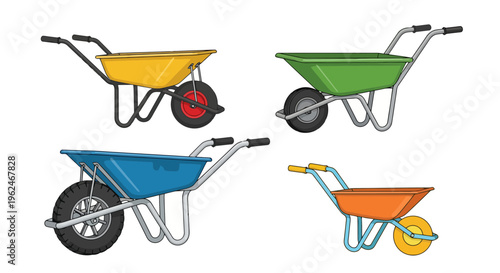Vector Illustration Set of Colorful Garden Wheelbarrows Isolated on White Background for Farming, Gardening, and Construction Work