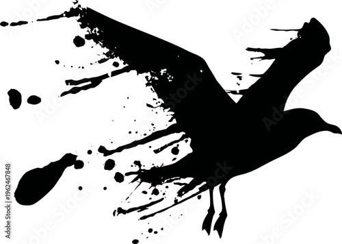 Black ink splash silhouette of a flying bird with abstract paint splatters and brush strokes