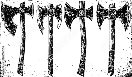Set of four vintage axes with wooden handles and sharp blades, grunge black and white illustration