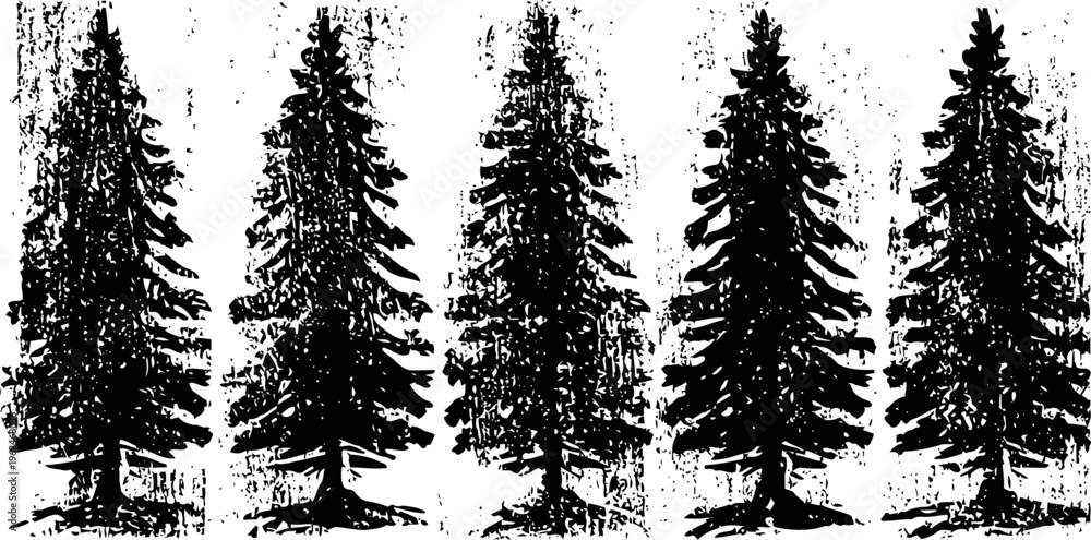 Obraz premium vintage pine tree silhouettes set black distressed evergreen shapes collection for nature and forest designs