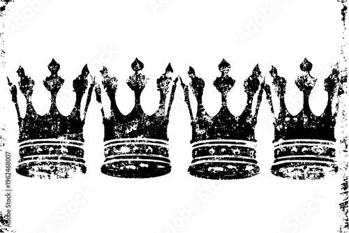 Vintage grunge crowns in a row black silhouette distressed royal emblem set antique monarchy concept