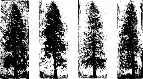 Four grunge pine tree silhouettes in black on white background with distressed texture