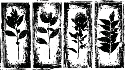 Four black silhouette leaves on textured white rectangular backgrounds with grunge effect