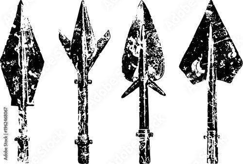 Vintage spearheads set collection of four ancient iron spear tips, distressed grunge historical weaponry and medieval armory design