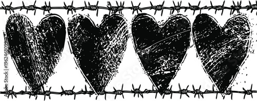Black grungy hearts entwined with barbed wire in a row rough love symbol with sharp protection and danger concept