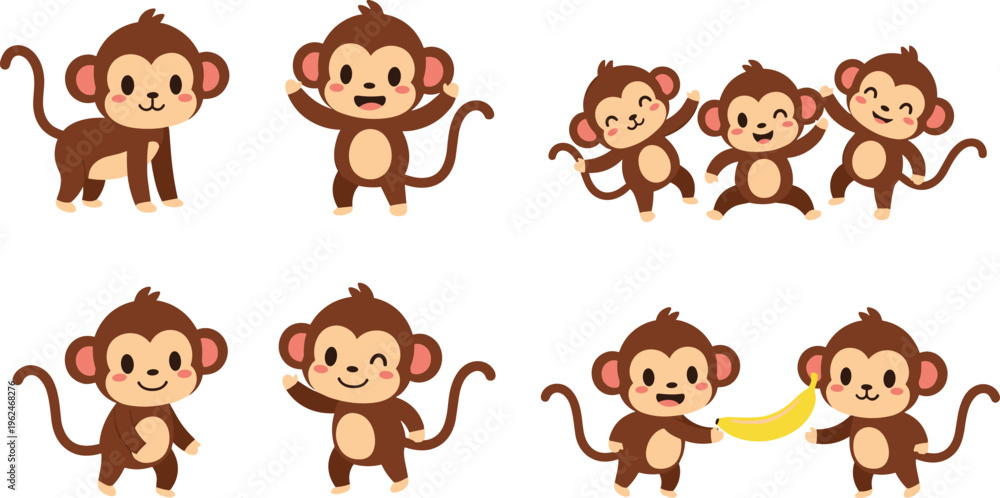Fototapeta premium Cute monkey cartoon set with playful poses dancing jumping eating banana funny animal characters vector illustration collection
