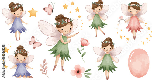 Whimsical illustration of five fairies in various poses with flowers and stars on a white background with sparkly effects