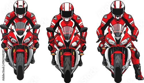Sport motorcycle racer vector set, red superbike riders in full gear, professional racing bikers in protective suits and helmets, front view motorcycling icons