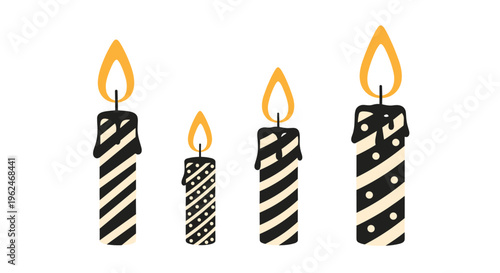 Four decorated burning candles with yellow flames in black and cream colors with stripes and polka dots on white background.