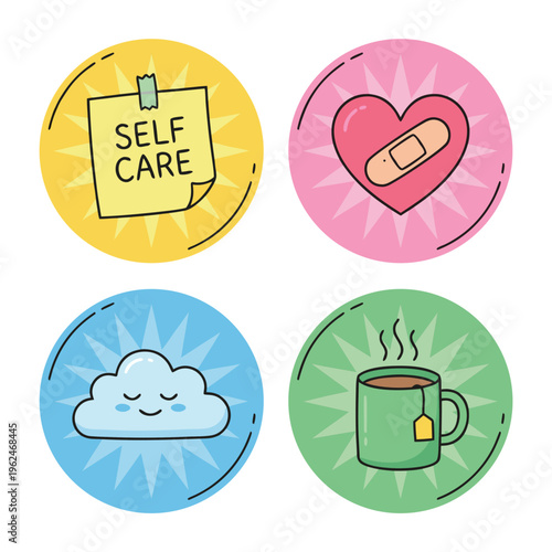 Set of four circular icons representing self-care and well-being.