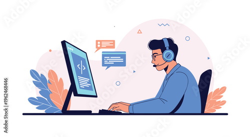 Male programmer wearing a headset working on a computer in a modern workspace with speech bubbles and abstract elements around.