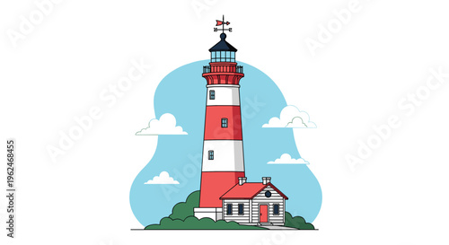 Red and white striped lighthouse standing tall next to a small white house with a red roof on a green grassy hill under a blue sky.