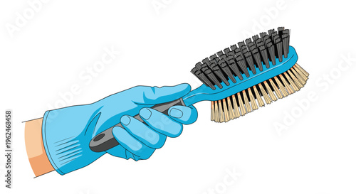 Hand wearing a blue protective glove holding a dual-sided cleaning brush with black and tan bristles for household chores or detailing.