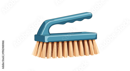 Blue plastic cleaning brush with an ergonomic handle and thick tan bristles designed for heavy-duty scrubbing on various surfaces.