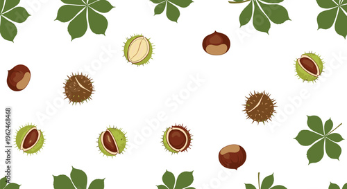 Seamless pattern featuring horse chestnuts in and out of their spiky green shells accompanied by green leaves on a white background.