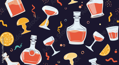 Colorful seamless pattern of various cocktail glasses, bottles of alcohol, and citrus slices with confetti on a dark blue background.