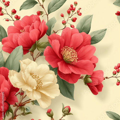Elegant and Feminine Floral Painting with Detailed Leafy Swirls and Serene Red Peony Motif for a Peaceful Invitation Design