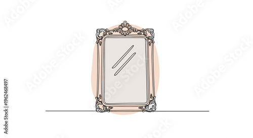 Elegant rectangular mirror with an ornate gold or bronze frame featuring decorative scrolls and floral details against a soft pink oval.