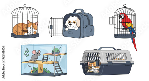 Various pets in cages and carriers including a cat, dog, bird, mouse, and another cat, animal transport and pet shop concept illustration.