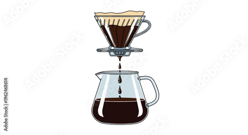 Manual drip coffee brewing process with a glass pour over dripper and a pot filled with dark coffee, cafe culture and breakfast concept.