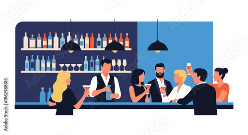 People enjoying drinks and socializing at a bar with a bartender serving cocktails, nightlife and evening entertainment concept illustration.
