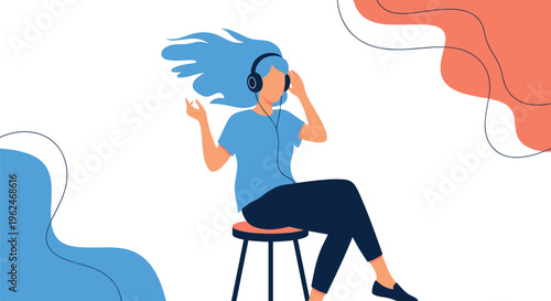 Woman sitting on a stool listening to music with headphones, abstract background with blue and coral shapes, modern lifestyle illustration.