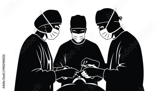 Silhouette of three surgeons in masks and scrubs performing surgery