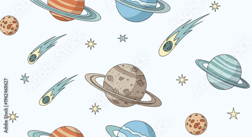 Seamless pattern of space with planets, rings, comets, and stars on a light blue background, cosmic theme for fabric and wallpaper design.