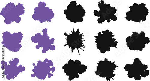 Collection of black and purple ink blots on white background