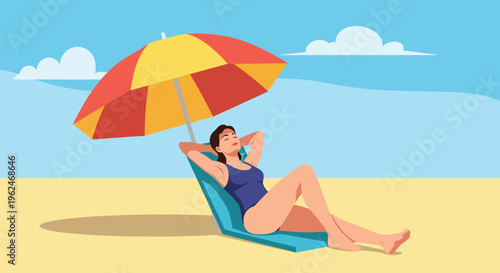Woman relaxing on a beach chair under a colorful sun umbrella on a sandy shore, summer vacation and travel leisure concept illustration.