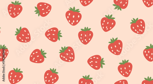 Seamless pattern of ripe red strawberries with green leaves on a light pink background, sweet summer fruit texture for textile and design.