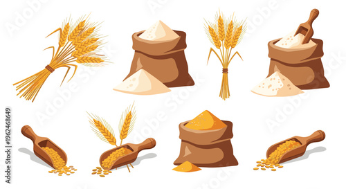 Collection of wheat elements including ears, flour sacks, and wooden scoops with grains, organic farm food and bakery products concept.