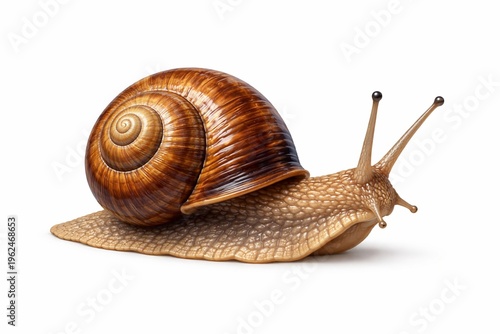 Highly Detailed Realistic Garden Snail with Spiral Shell Crawling isolated on Clean White Background for Biology and Nature Use
