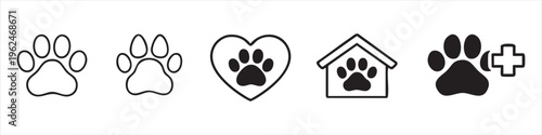 Set of minimalist black and white paw print icons representing various pet services including animal adoption, veterinary care, pet rescue, and shelter.