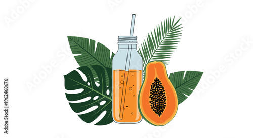 Fresh papaya smoothie in a glass bottle with a straw surrounded by tropical leaves and a sliced papaya fruit, healthy drink concept.